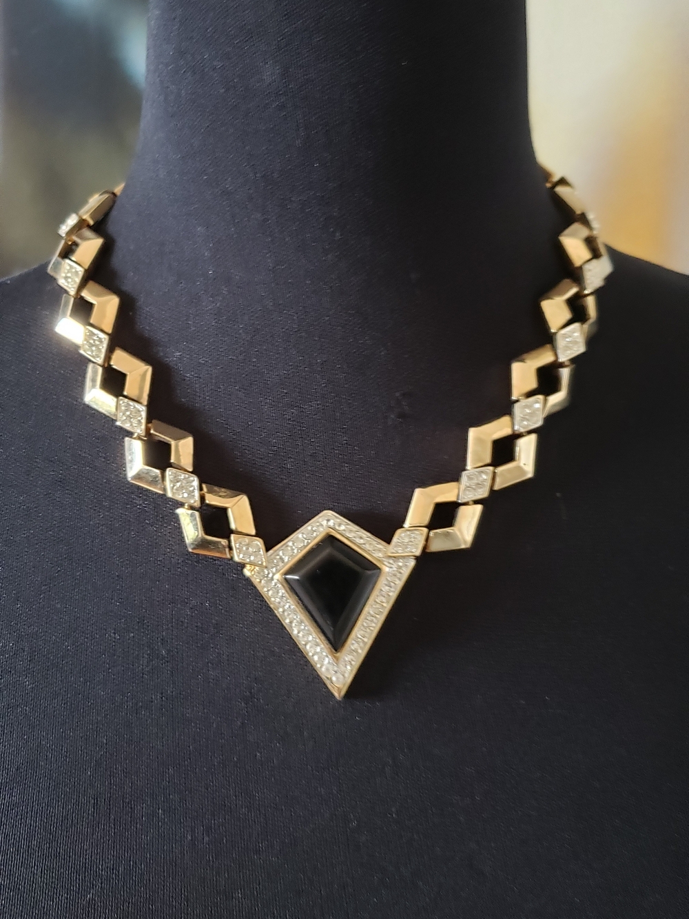 Source Unknown Gold and Black Geometric Statement Necklace